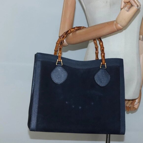 GUCCI Bamboo Tote Bag Suede Leather Navy Gold 002 1186 0260 Auth fm4759 - Picture 14 of 16